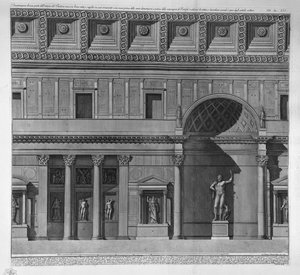 Demonstration of a part of the interior of the Pantheon set in a straight line, and supplemented in its ornaments as they were before the various devastations, and before the restorations of the Pontiffs and adorned with statues and bas-reliefs according t